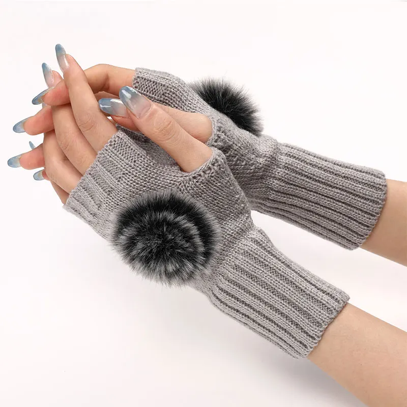 

Women'S Fingerless Short Gloves Fashion Wool Ball Knitted Solid Baseball Gloves Autumn And Winter Warm Half Finger Gloves