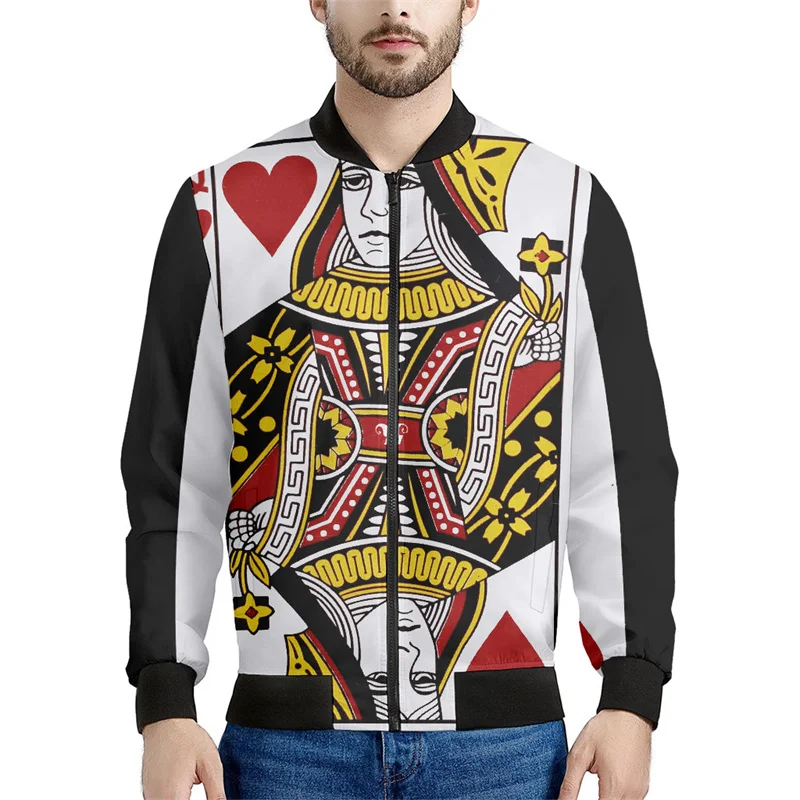 thumbnail image 1 of Chaqueta con estampado de naipes para hombre, chaqueta con cremallera y estampado 3D de póquer, informal, holgada, con cremallera, estilo bomber, 1 of 5