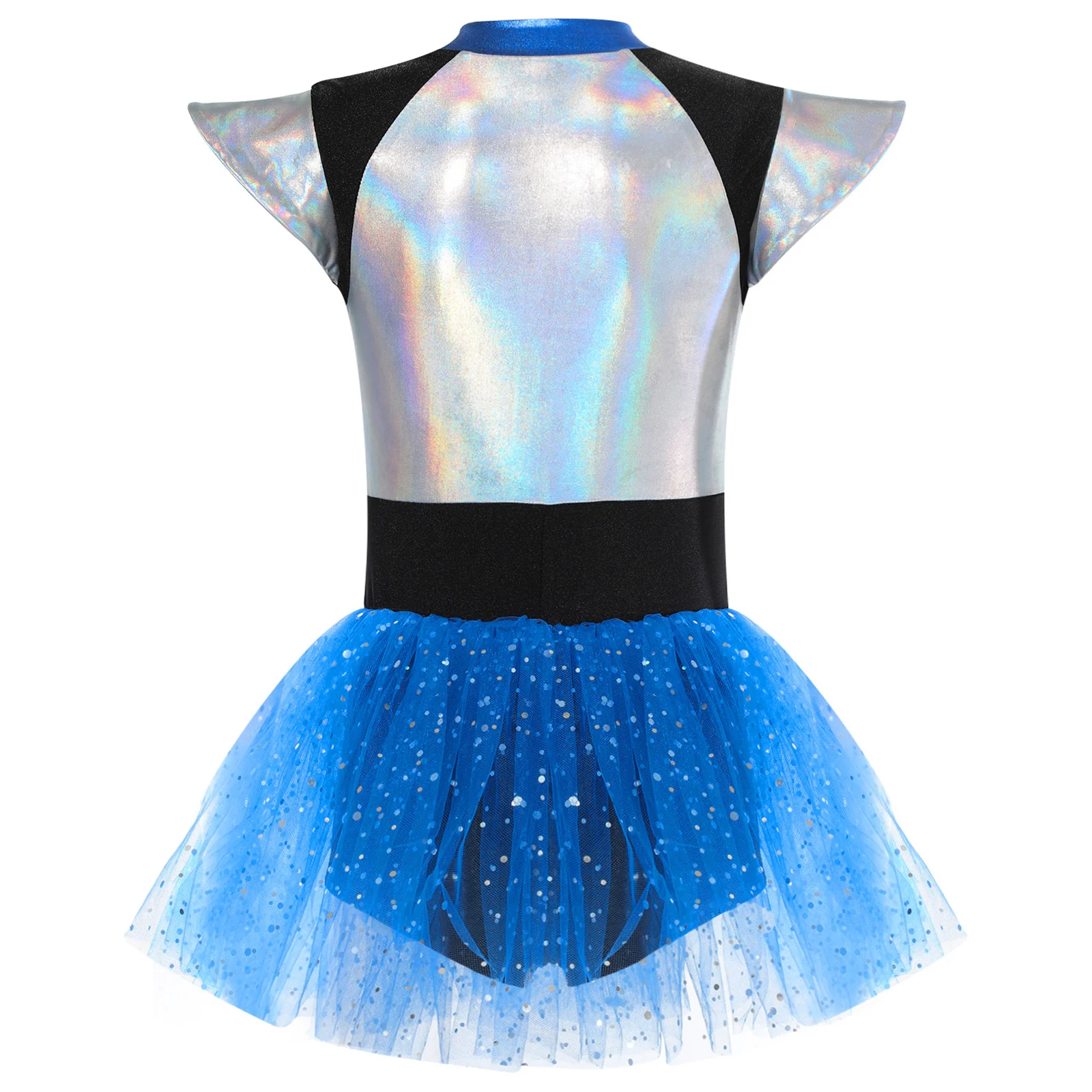 Kids Girls Alien Cosplay Costume Cheerleading Dance Dress Short Sleeve Shiny Spangles Tutu Leotard Halloween Party Dancewear