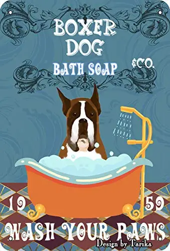 

Boxer Dog &Co. Bath Soap Wash Your Paws Vintage Plaque Poster Tin Sign Wall Decor Hanging Metal Decoration 12 X 8