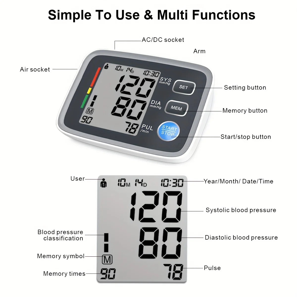 Automatic Upper Arm Blood Pressure Monitor with Adjustable Cuff Easy to Use Digital BP Machine for Home Use