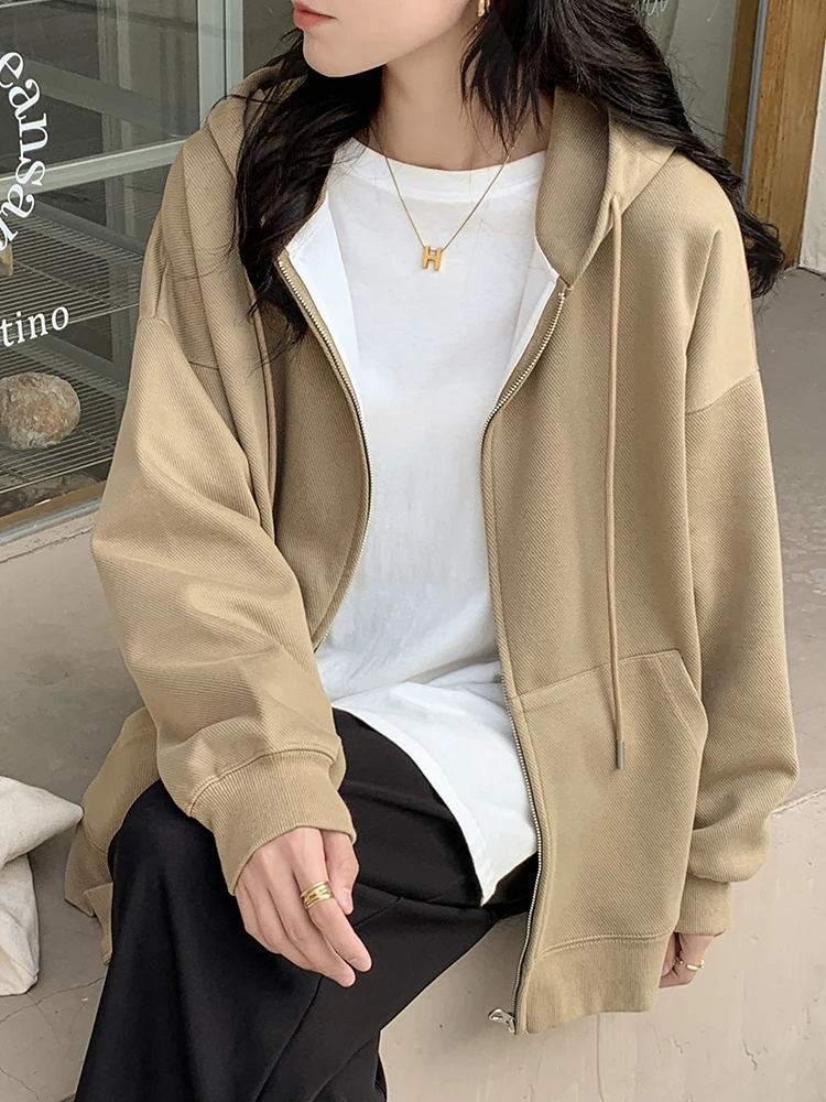 Khaki Velvet Sweatshirts Women Winter Zip Up Hoodies Long Sleeve Loose Casual Pocket Casual Cardigans Korean Fashion Sweatshirts
