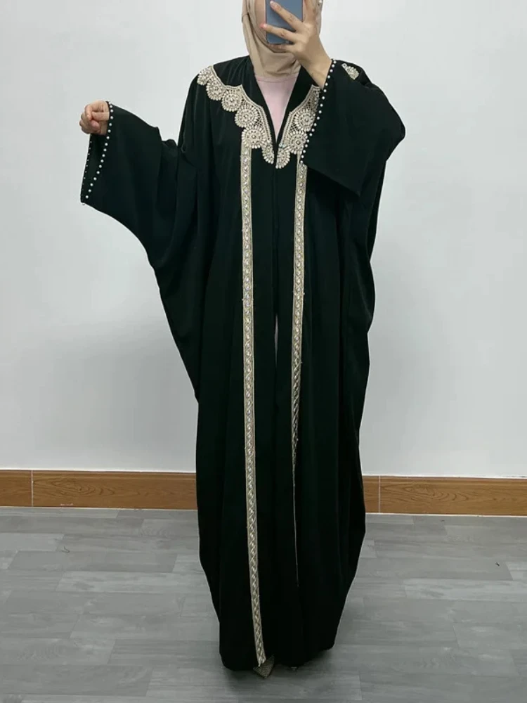 

Women Eid Muslim Abaya Dubai Kaftan Islam Long Robe Batwing Sleeve Open Stitch Appliques Abayas Pearls Ramadan Spliced Loose