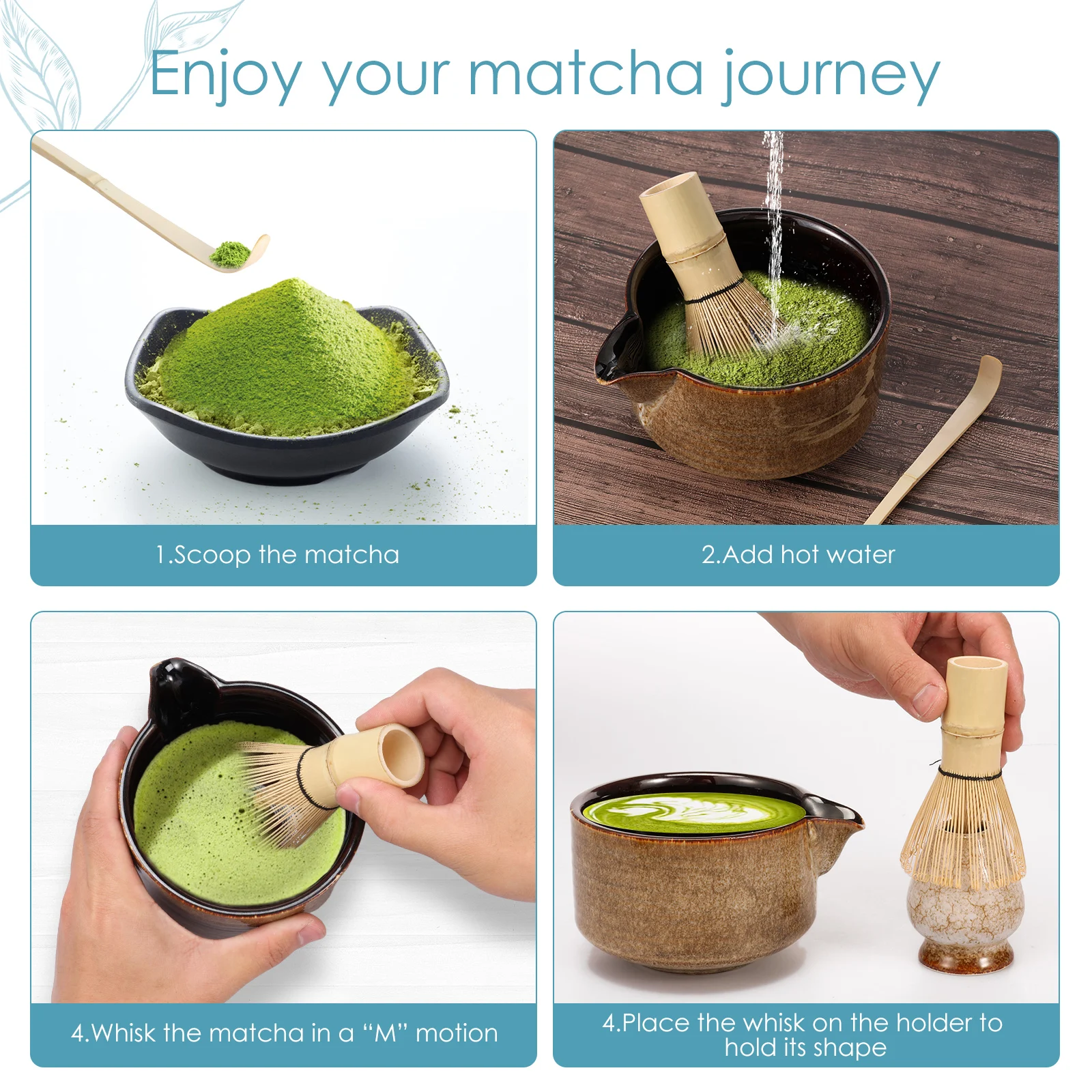 4 Pieces Japanese Matcha Teaset Kit with Ceramic Matcha Bowl Whisk Holder Bamboo Whisk Teaspoon Handmade Starter Tool Set