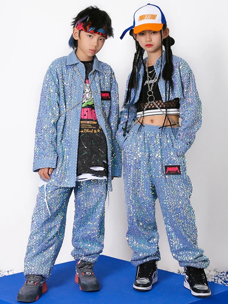 

Fashion Boys Hip Hop Performance Costume Girls Jazz Dance Clothes Seuqin Denim Shirt Pants Concert Kids Kpop Stage Outfit BL9592