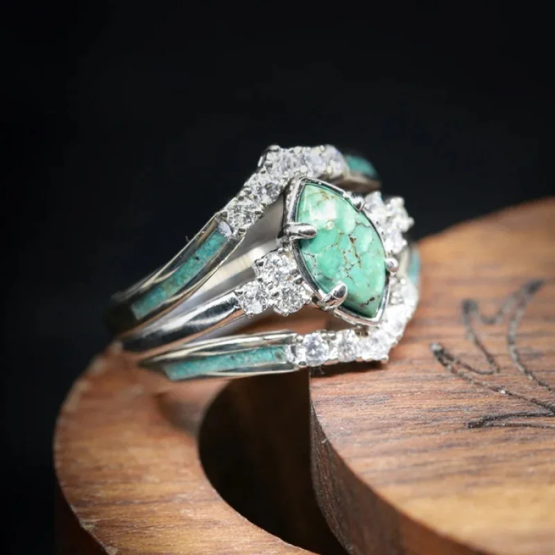 Ensemble de matiques en diamant turquoise pour femme, bague en alliage, accessoires de bijoux créatifs, européens et jeunesse, 3 pièces