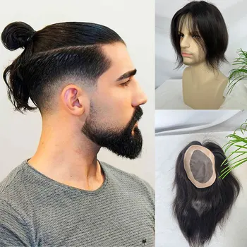 Parrucca da uomo in capelli umani indiani, liscia, con base mono in pizzo e PU 6x8 pollici, colore naturale, ricambio per capelli, toupet completo in monofilamento