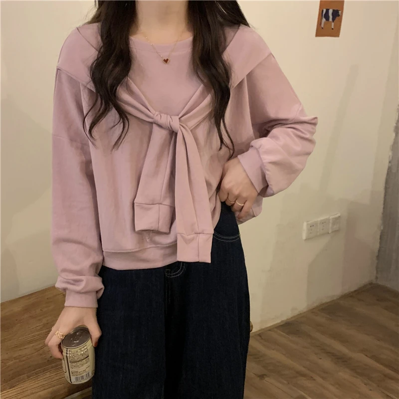 Boring Honey Fake Two Piece Pullover Sweatshirts Loose And Comfortable Round Collar Solid Colors Shawl Hoodies Women Blouses