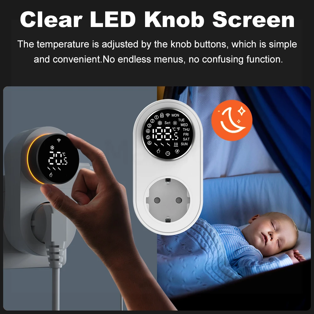 MANHOT Tuya 16A WiFi LED Thermostat Wireless Electric Plug-in Thermostat Socket Temperature Controller Voice Control For Alexa