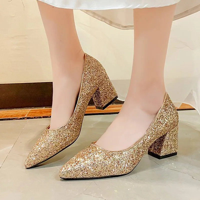 Big Size Woman Wedding Shoes Bridal Bling Pumps Silver High Heels Dress Shoes Sequined Pointed Toe Boat Shoes Ladies Red 8969L