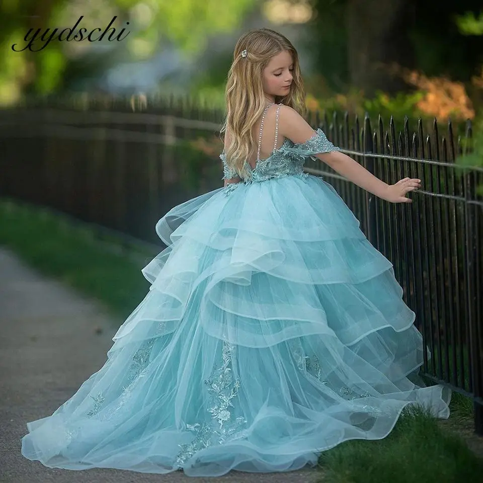 Girl-Dress-Blue-Puffy-Flower-Wedding-dress-Off-The-Shoulder-Princess ...