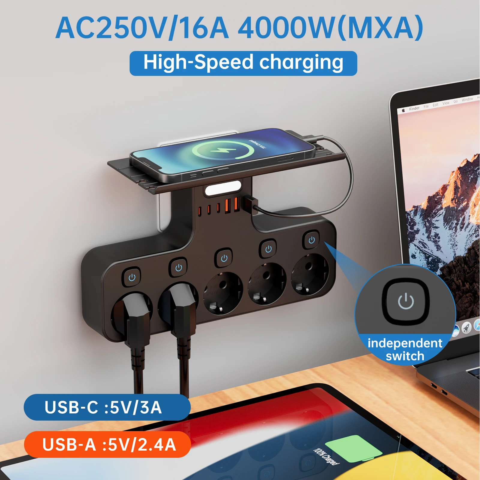4000W EU Plug Multi-Function Wall Mounted Power Strip Independent Switches Sd23c8cb9c2f244ad8789a1f4a549a277X