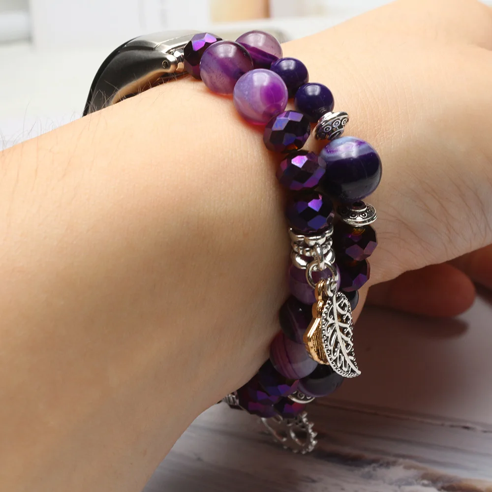 Purple Beaded Agate Crystal Elastic Bracelet