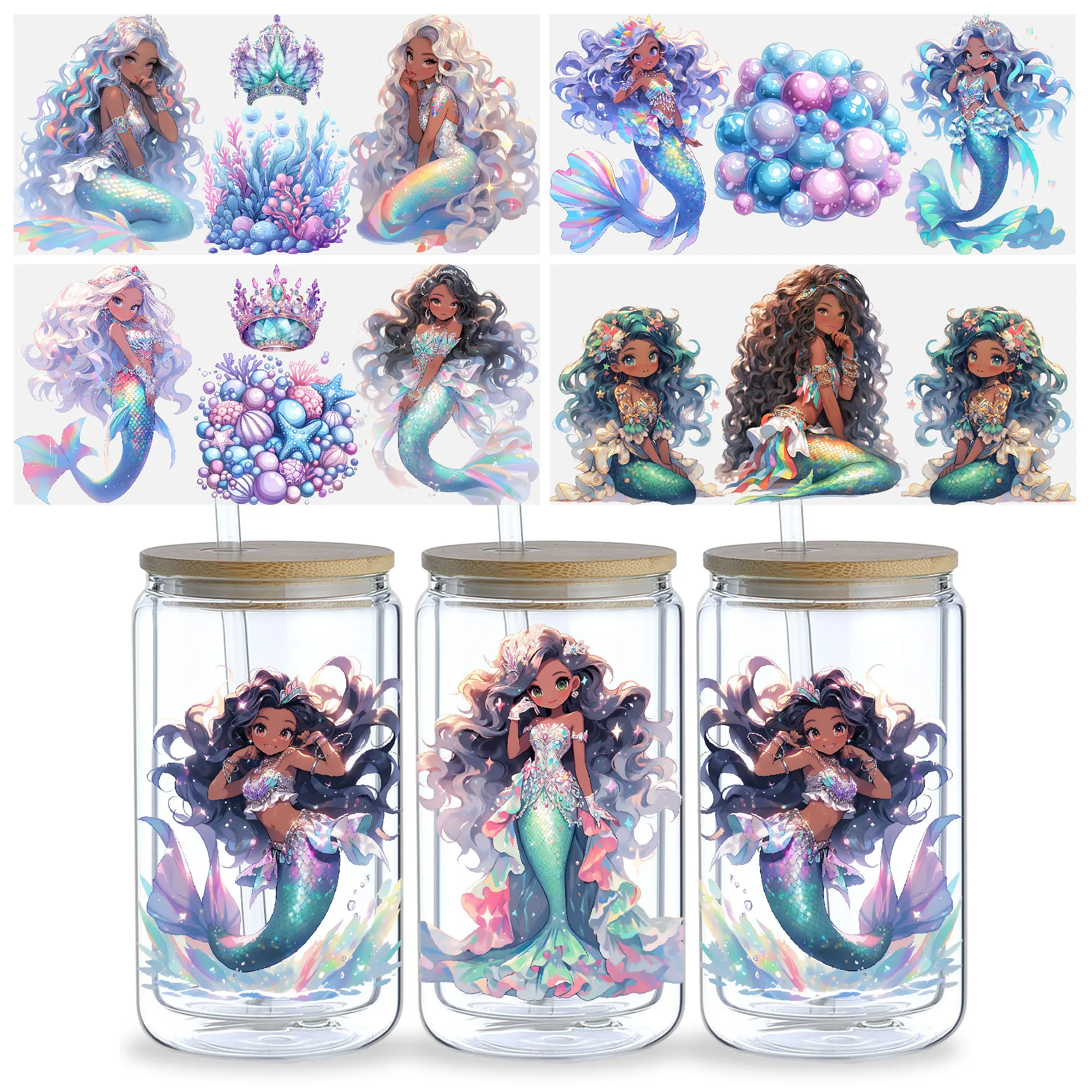 5 Sheets Mermaid UV DTF Cup Sleeve 16oz, Cup Sleeve Transfer Glass, Water Bottle Waterproof Sticker, Friction Transfer Sticker