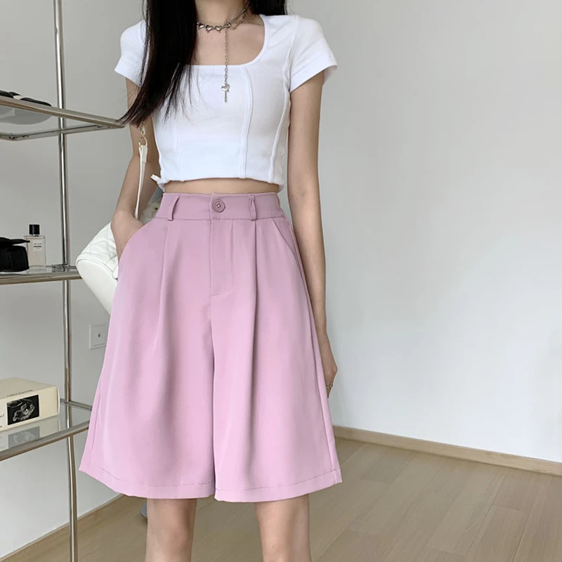 Fashion Streetwear Summer Suit Shorts Women Loose Wide Leg Elastic Waist Short Pants Knee Length Bermuda Femme Black Pink Shorts