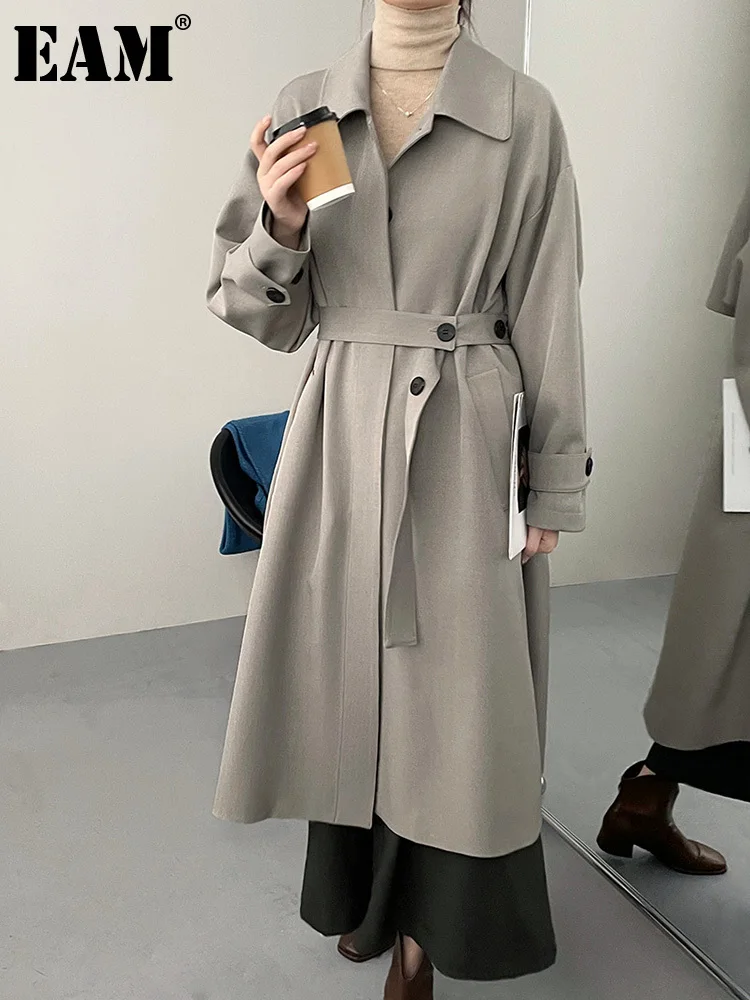 

[EAM] Women Gray Big Size Belted Trench New Lapel Long Sleeve Loose Fit Windbreaker Fashion Tide Spring Autumn 2024 1DH2656