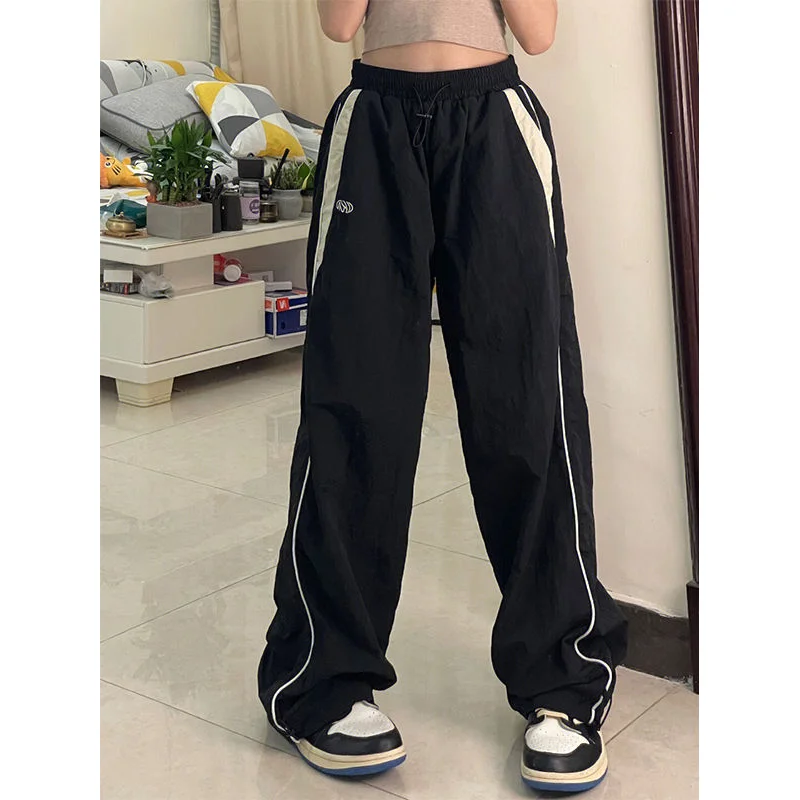 Frauen Frühling Retro solide lose Kordel zug Hose lässig Jogger Baggy weites Bein Jogging hose mittlere Taille sportliche y2k weibliche Kleidung