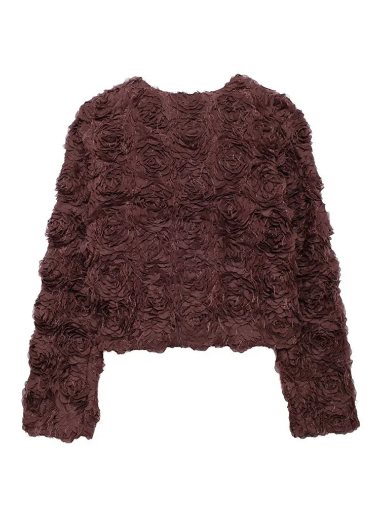 HH Women Fashion Textured 3D Flower Short Coat O Neck Long Sleeve Cardigan Jacket Spring Female Casual Solid Streetwear