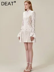 DEAT Elegant Dress Embroider Pleated Hollow Out Flare Sleeve Lace Women's Evening Party Dresses 2024 Spring New Fashion 13DB4750