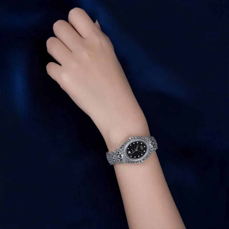 YYSUNNY Vintage S925 Sterling Silver Oval Wrist Watch for Women Elegant Ladies Bracelet High Quality Jewelry Accessories Gift