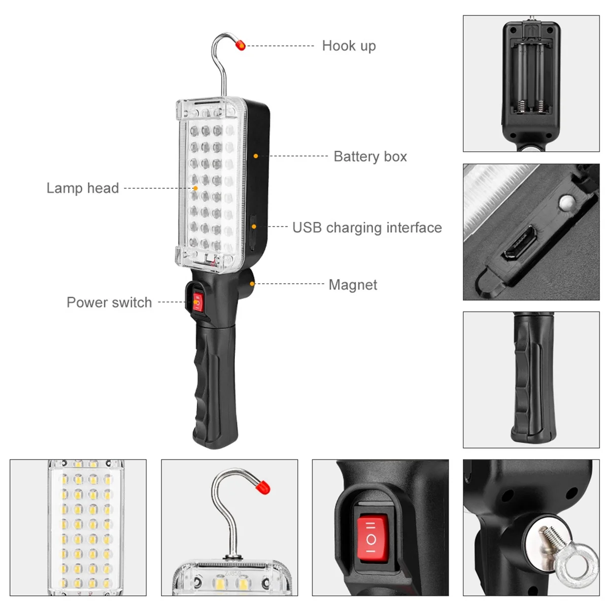 BAAU Portable USB Rechargeable Work Light COB Repairing Lamp with Magnet & Hook 34 LED Camping Lamp Flashlight