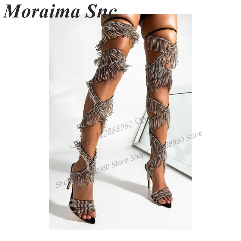 

Western Sexy Style Lace-Up Black Crysal Fringe Decor Sandals Stilettos High Heel Women Shoes Peep Toe 2023 Zapatos Para Mujere