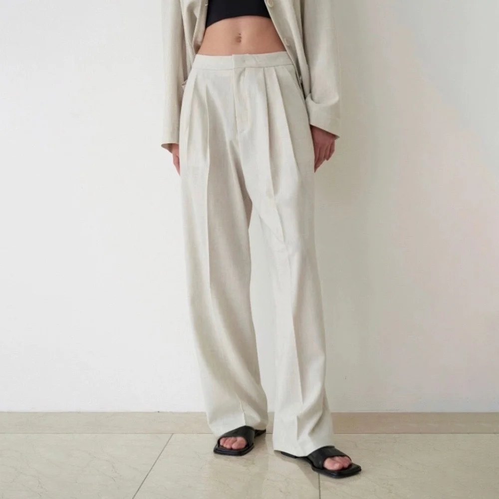 

Original Spring/Summer Hidden Flesh Slimming Straight Leg Pants FW Cool Feeling Bamboo Mess Double Pleated Casual Pants