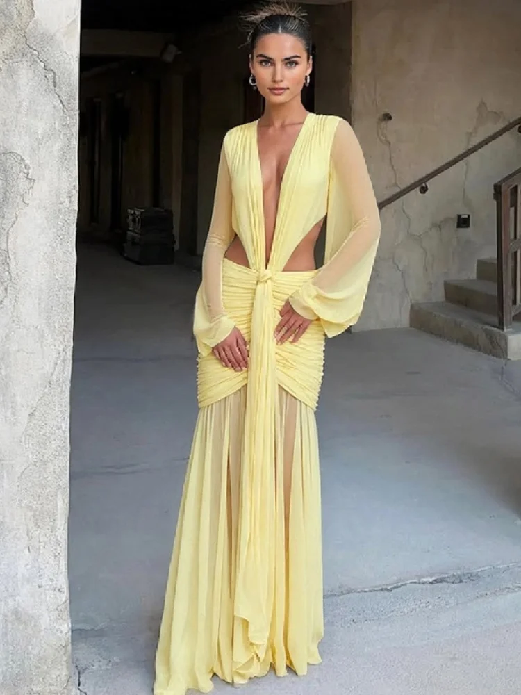 Wmstar Dress Women Wholesale European American Style 2025 Summer New Sexy Elegant Deep V Neck Pleated Slim Long Sleeved