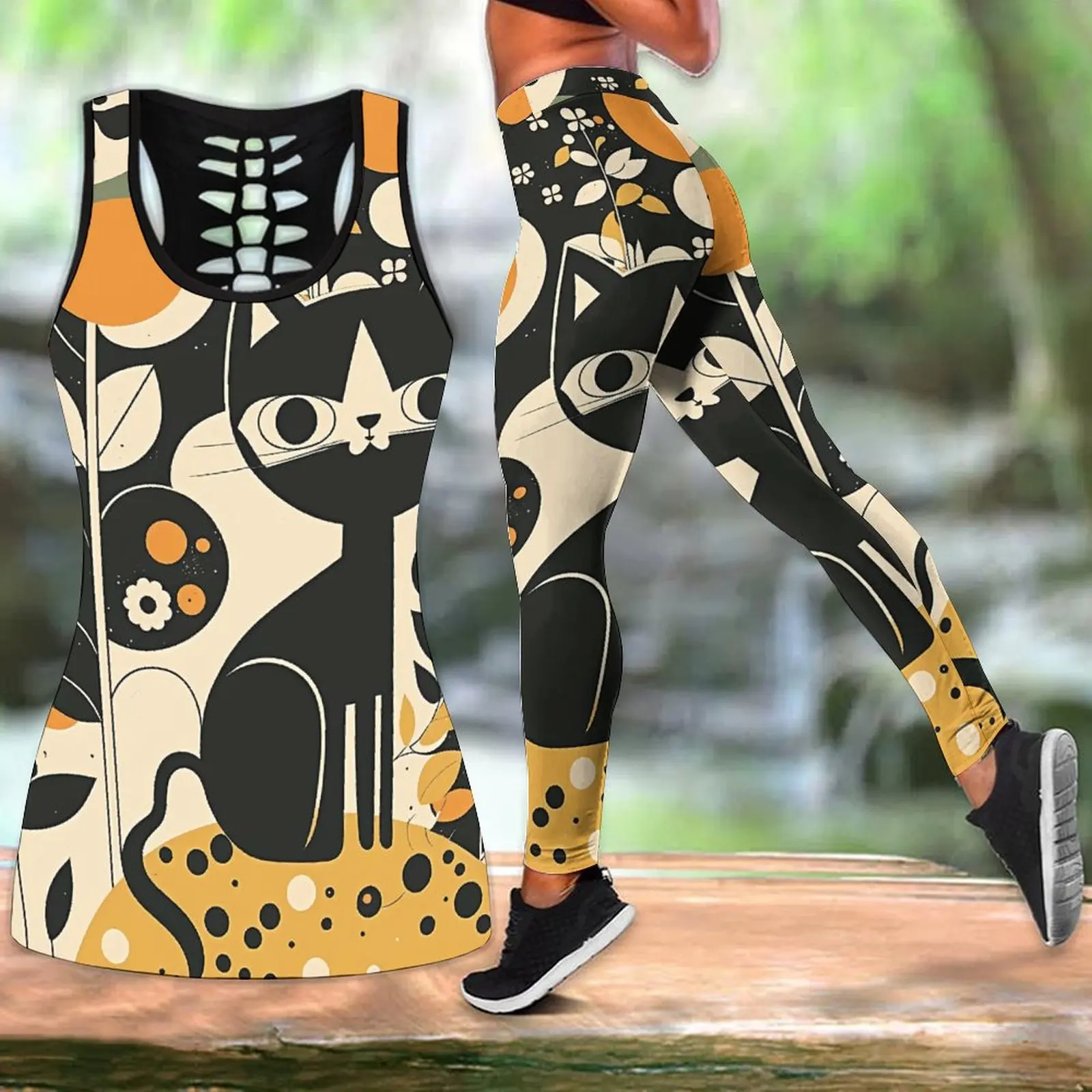 

Summer Fashion Yoga Pants Set Cartoon Mid Century Modern Art Cat Floral Retro Art Abstract Print Sport Yoga Suit XS-8XL