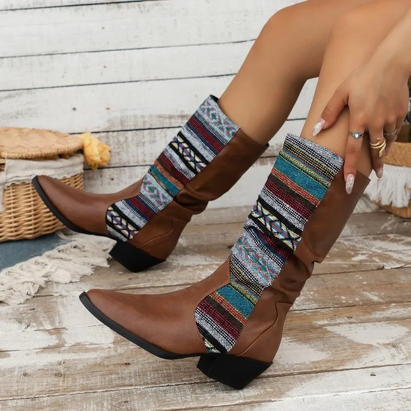 

Новинка 2023, женская обувь, женские сапоги без шнуровки, модные привлекательные сапоги до середины икры с острым носком, на квадратном каблуке, лидер продаж