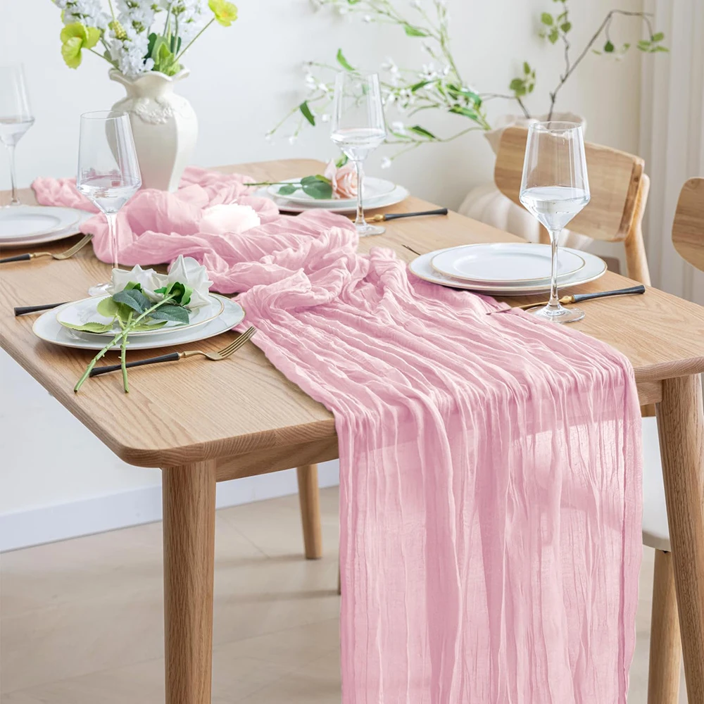 Rosa Boho Käsetuch-Tischläufer Halbtransparenter Gaze-Stoff Babyrosa Tischläufer für Hochzeit Geburtstag Party Babyparty Dekorationen – Detail 13