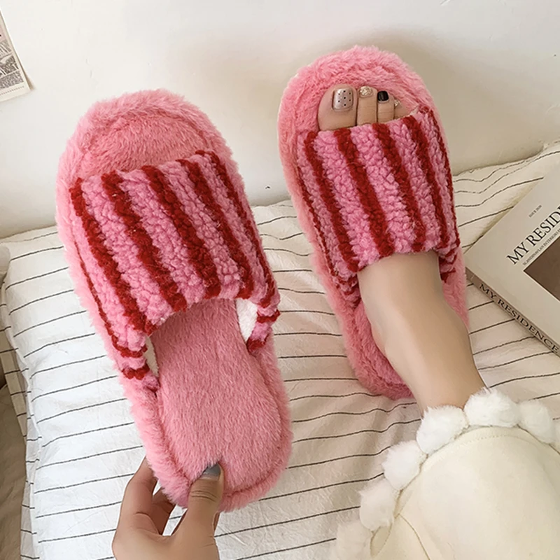 Korean Striped Fluffy Slippers Women 2025 Indoor Non Slip Open Toe Home Slides Woman Comfy Soft Sole Warm Cotton Slippers Female