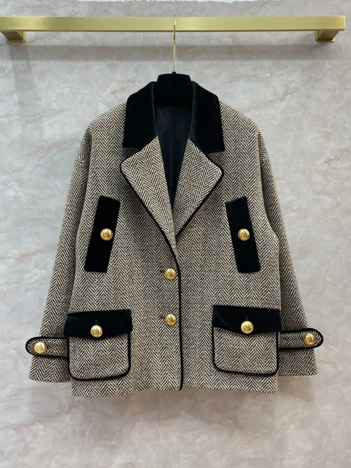 

High Quality Wool Lapel Blazer Women Luxury New Chic Vintage Jacket Pockets Women Autumn Single Breasted Coat for Female