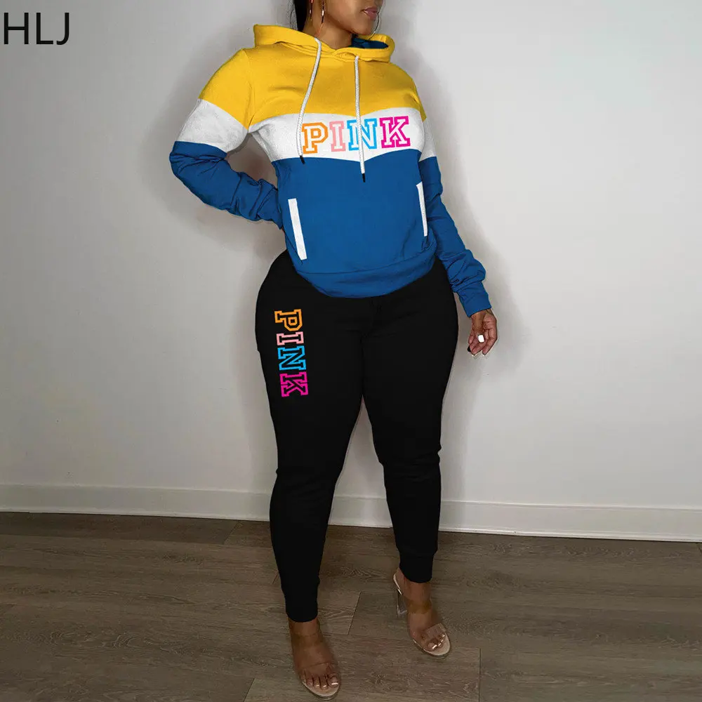 

HLJ Fashion PINK Letter Print Two Piece Women Hooded Long Sleeve Sweatshirt And Jogger Pants Sets Casual Patchwork 2pcs Outfits