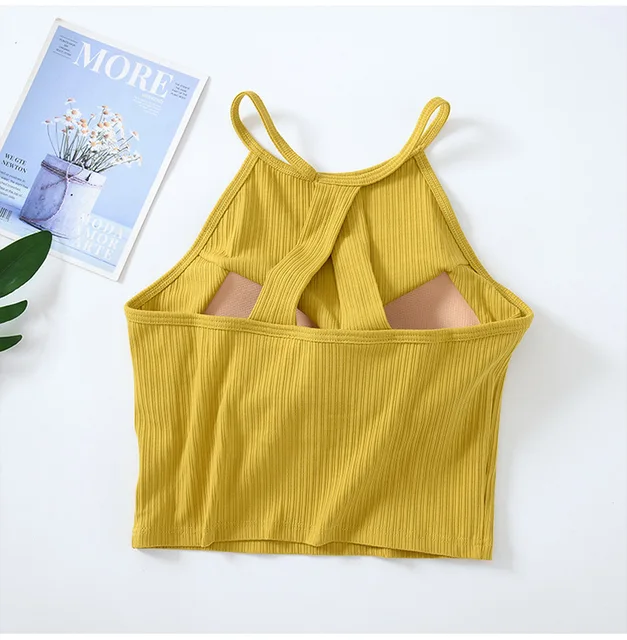 Women Wide Strap Basic Crop Tank Top with Shelf Bra Ribbed Knitted V-Neck  Solid Color Slim Vest Lettuce Hem Camisole Sports - AliExpress