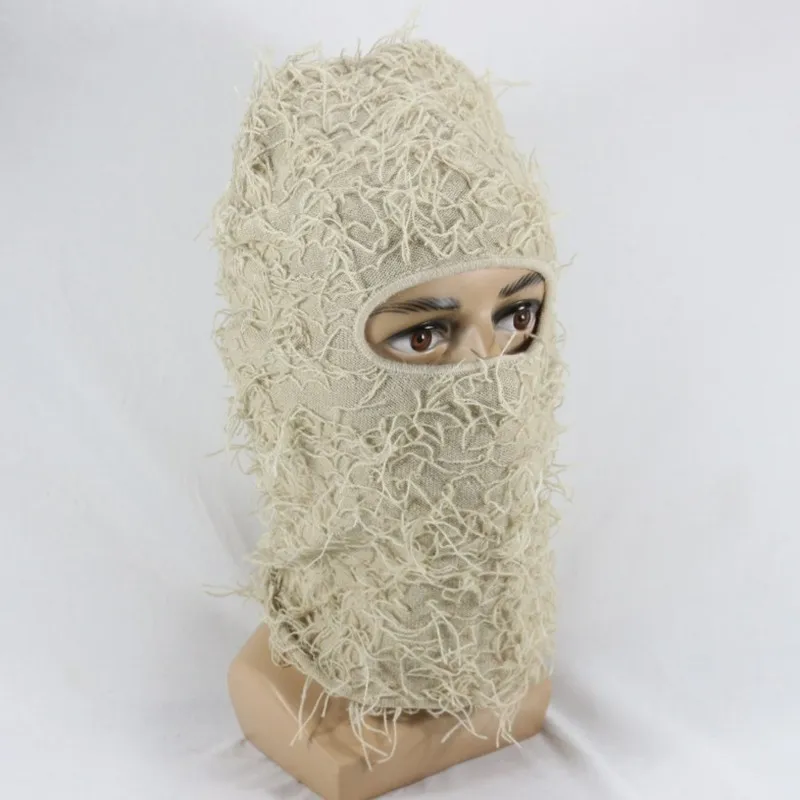 Knitted Fuzzy Halloween Ski Mask Full Face Fleece Fuzzy Balaclava Distressed