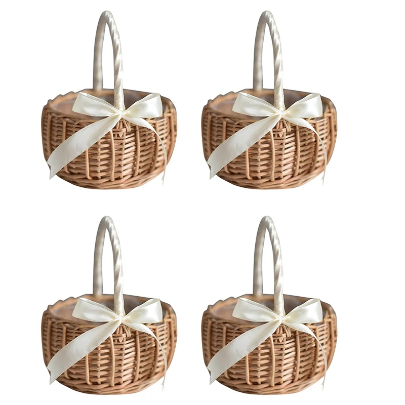 

4X Wicker Woven Flower Basket, With Handle And White Ribbon, Wedding Flower Girl Baskets, For Home Garden Decoration(S)