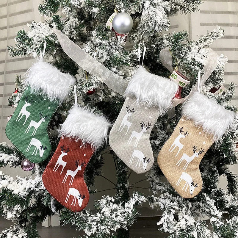 

Christmas Stockings Red Xmas Gift Bag Kids Candy Bag Elk Pocket Hanging Ornaments Xmas Tree Ornament New Year Home Decorations