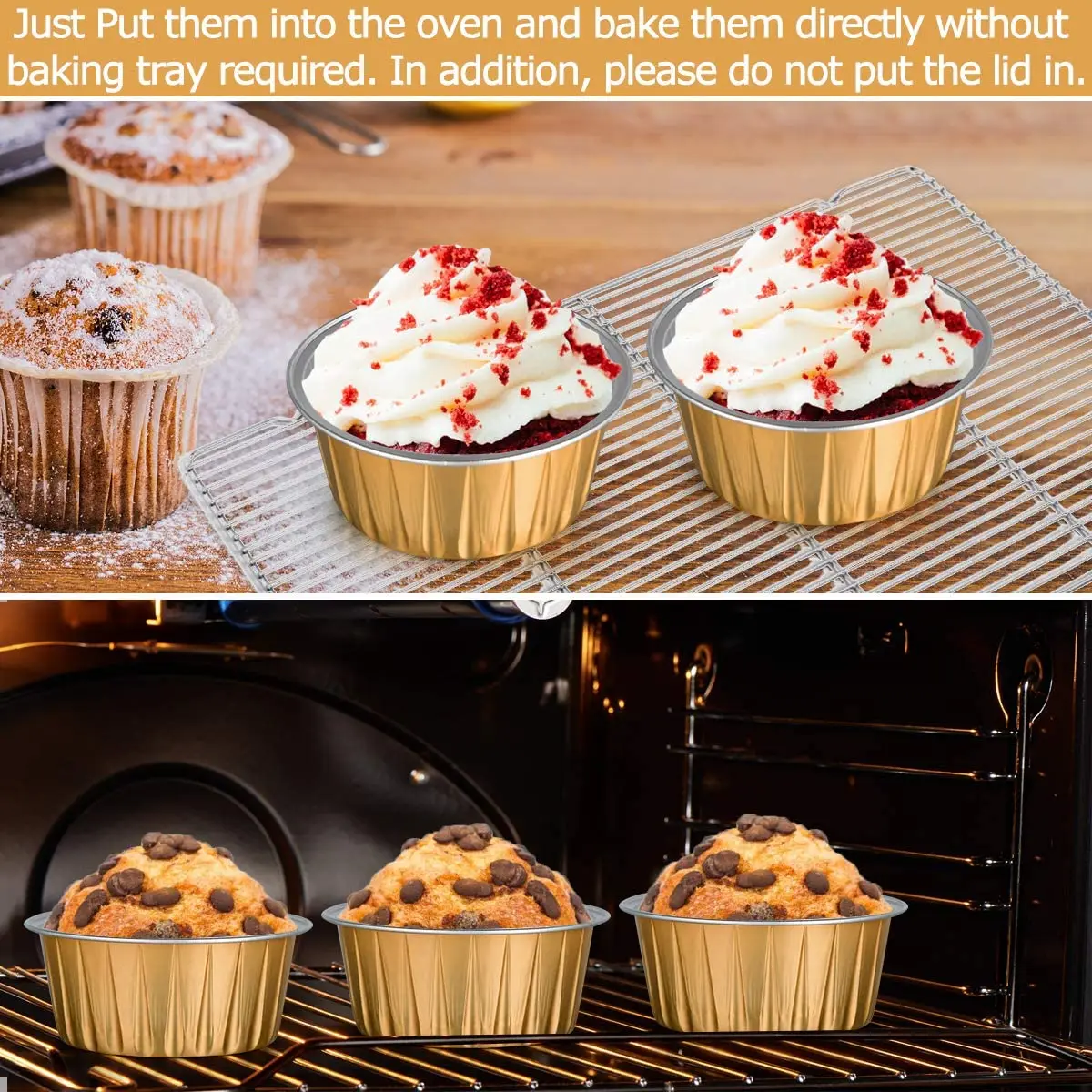 50 Tazze Da Forno In Alluminio Con Coperchi Oro Nero - Monouso Per Cupcake, Muffin, Budini - 125ml