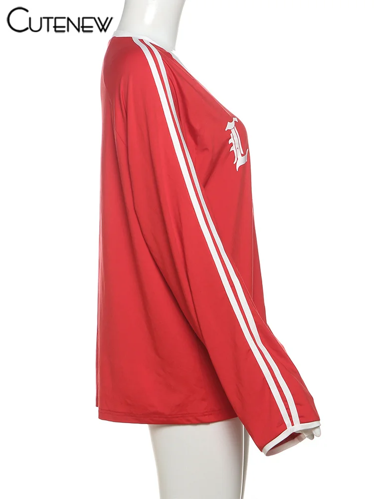 Football Track Women T-shirts Autumn Printed Striped Long Sleeve V-neck Oversized Tops Female Active Casual Streetwear