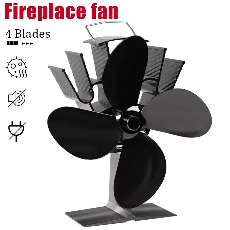 Black Fireplace Fan 4 Blade Heat Powered Stove Fan komin Log Wood Burner Eco Friendly Quiet Home Efficient Heat Distribution Fireplace Fan