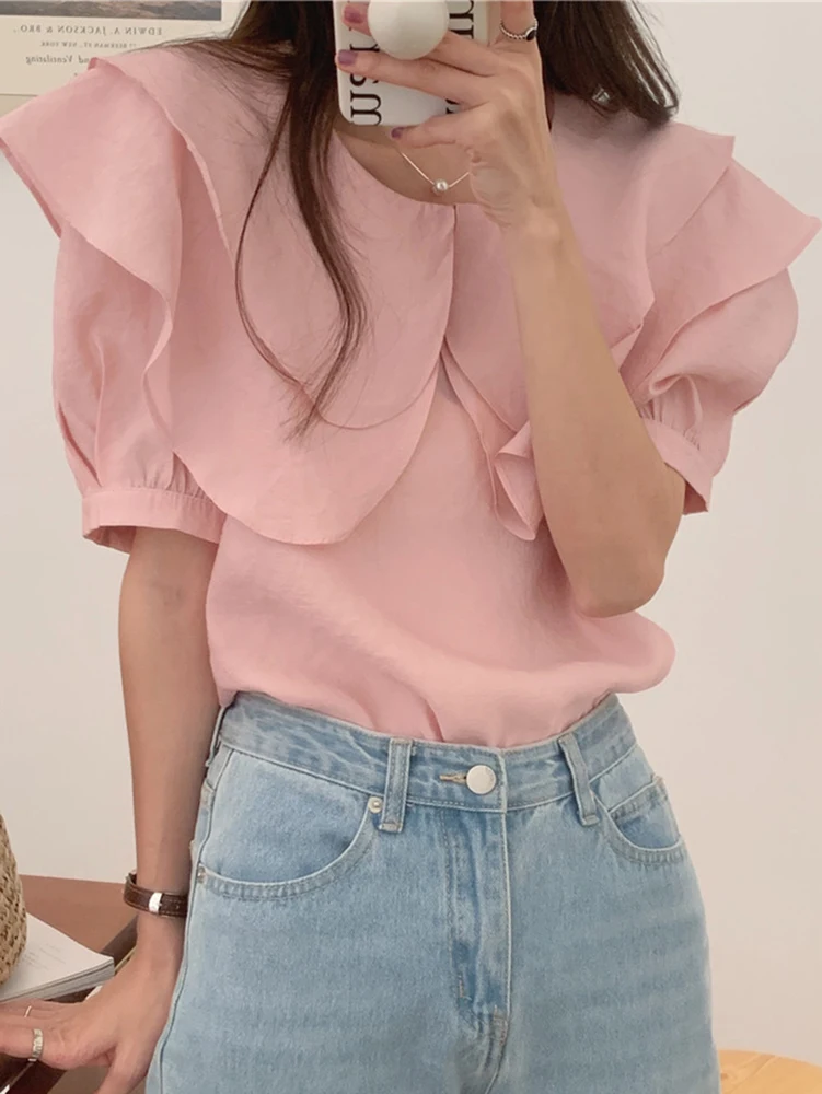 Blusas De Verano Mujer 2023 Summer Short Sleeve Pink Blouse Women Loose Shirt Female Korean Style Tops Fashion Womens Clothing