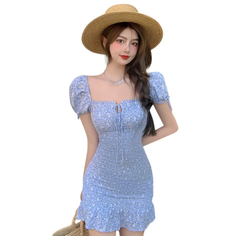 

Hollowed Out Slim Sexy Sweet Lace-Up Foral Print Square Neck Women's Dress