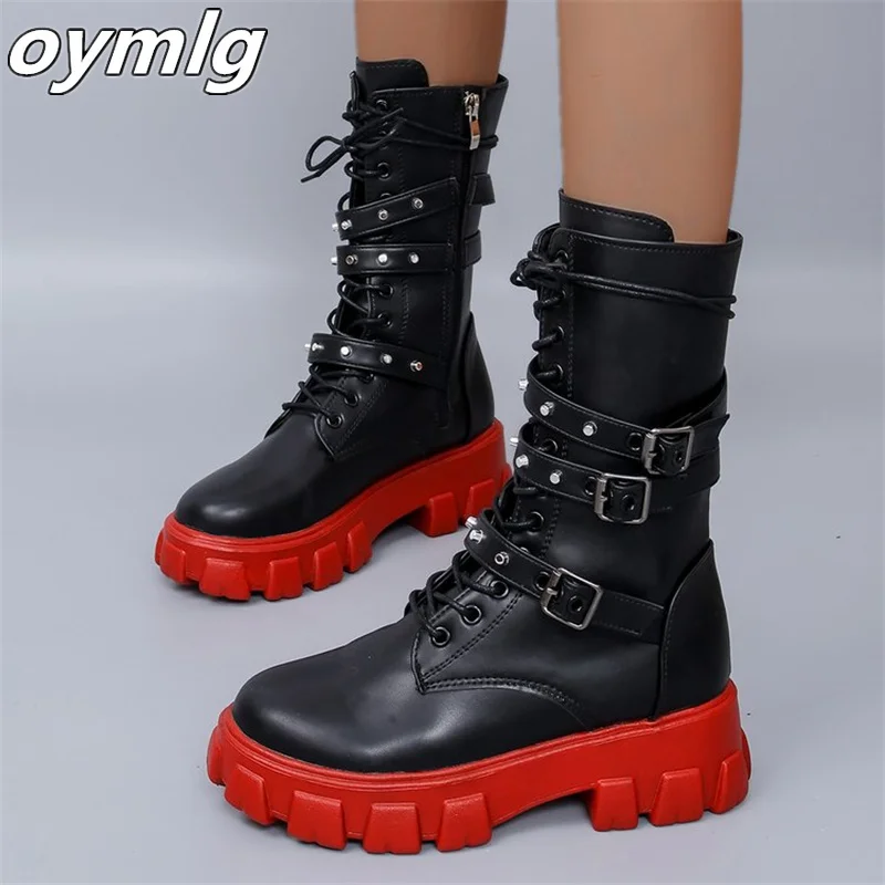 Motorcycle Boots Large Belt Buckle Metal Thick Bottom Side Zipper Fashion Versatile Knight Women's Boots Stock womens shoes