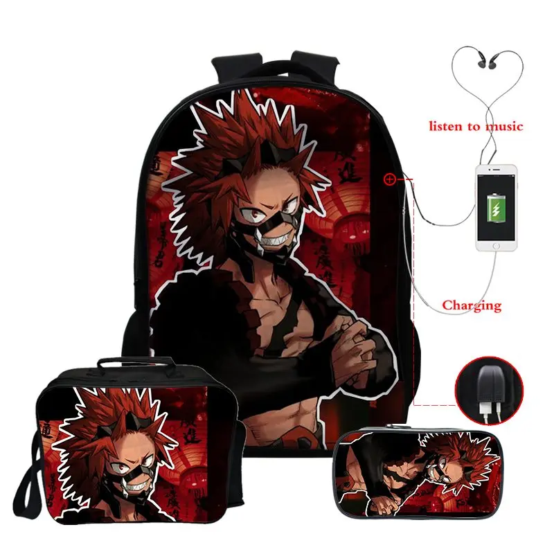 16 Inch Usb Charging School Bags My Hero Academia Kirishima Eijiro Anime Bagpack Backpack Boku