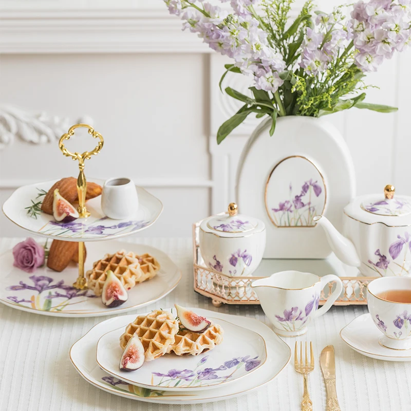 

Tea Set Purple Iris Teapot Milk Container Sugar Jar Teacup Saucer Dinner Plates Flower Vase Tea Mug Dessert Plate Family Teaware