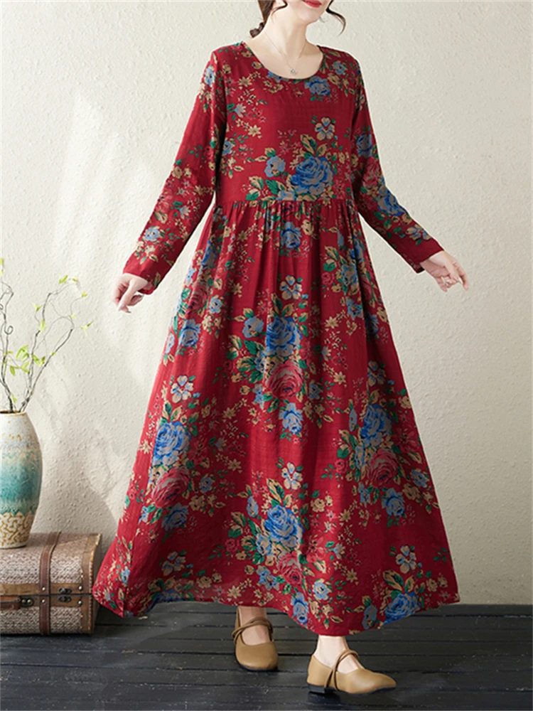 2024 New Spring Summer Cotton Vintage Long Sleeve Print Dresses For Women Casual Loose Dress Femme Robe Vestidos Fashion Clothes