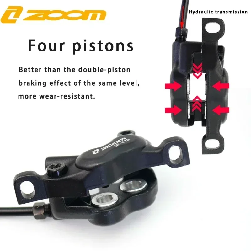 Zoom HB-890E 2-PIN 4-Pistons E-Bike Hydraulic Brake Set - New Upgraded, 180mm Rotors, Pre-Bled Caliper Lever, Mounting Adapter 950/1850mm (Black &amp; 2-PIN Connector