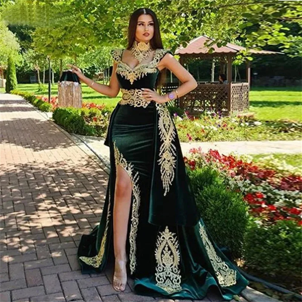 

Women's Cap Sleeve Velvet Evening Dress Detachable Train Arabian Women Prom Dress Applique with Front Side Split Formal Occasion