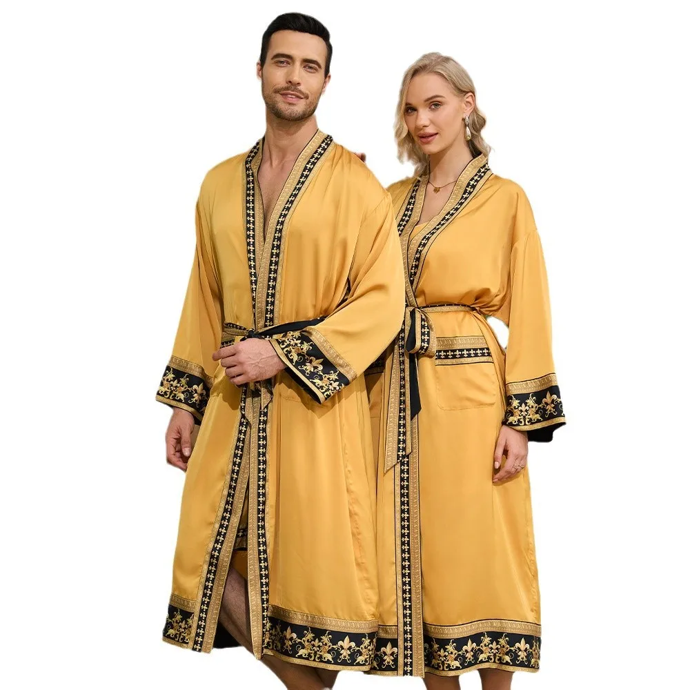 Autumn New Baroque Style Couple Nightgown Long Sleeve Robe Long Morning Robe Luxury Silk Satin Bathrobe Home Clothes
